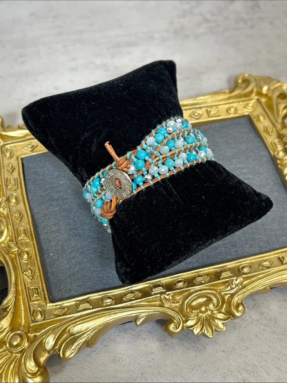 Turquoise Multi-Strand Stone and Crystal Beaded Wrap Bracelet with Brown Leather